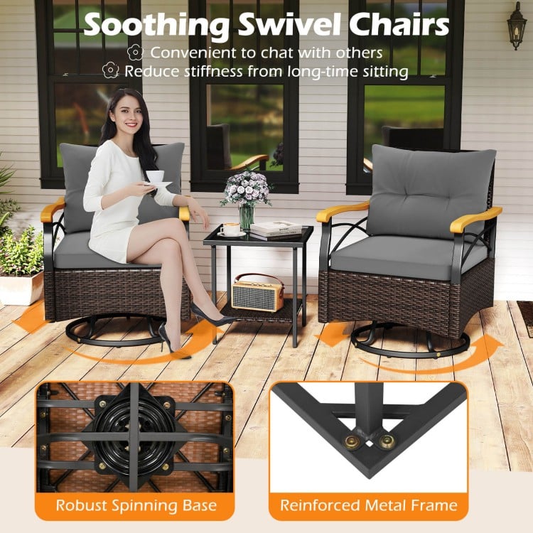 3 Piece Outdoor Swivel Chair Set with Tempered Glass Side Table-Gray