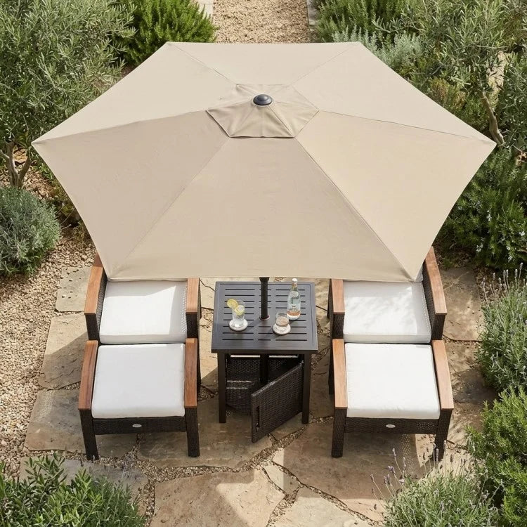 Product Title  3-Piece Patio Lounge Bundle – 5-Piece PE Rattan Conversation Set with Wicker Umbrella Side Table & 7.5 FT Tilt Market Umbrella