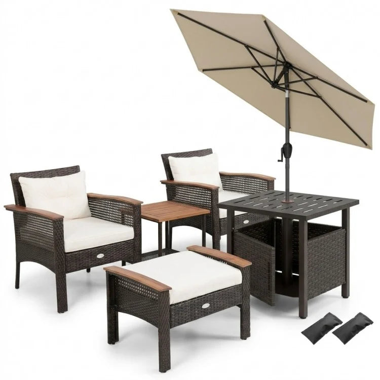 Product Title  3-Piece Patio Lounge Bundle – 5-Piece PE Rattan Conversation Set with Wicker Umbrella Side Table & 7.5 FT Tilt Market Umbrella
