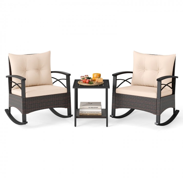 3 Piece Rocking Bistro Set PE Rattan Rocker Chairs with Acacia Wood Top Table-Beige