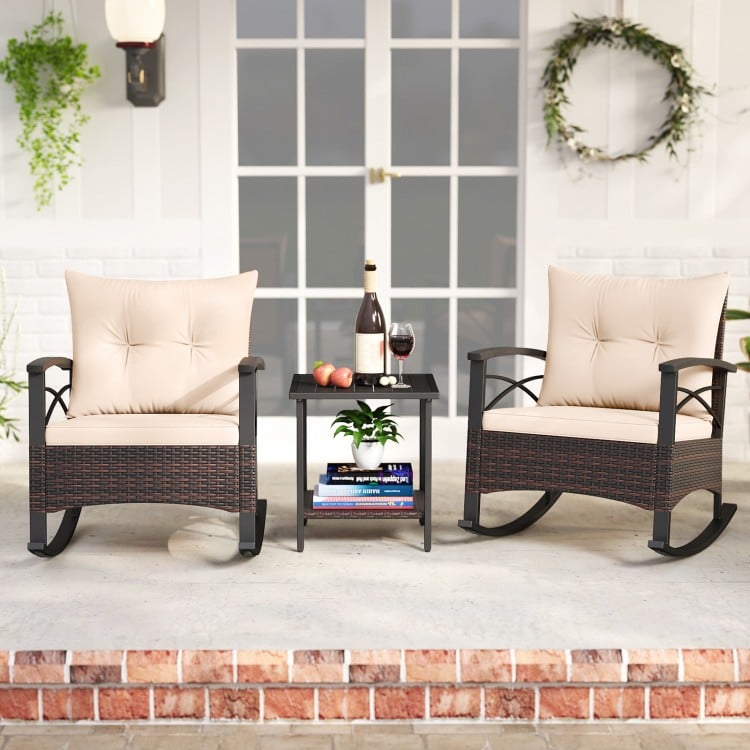 3 Piece Rocking Bistro Set PE Rattan Rocker Chairs with Acacia Wood Top Table-Beige