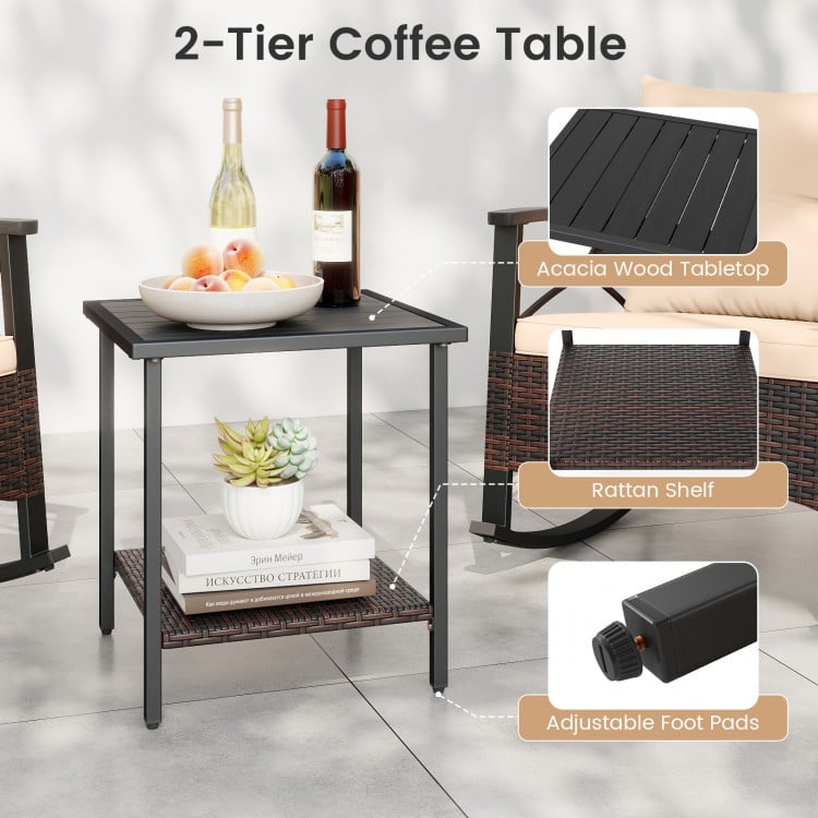 3 Piece Rocking Bistro Set PE Rattan Rocker Chairs with Acacia Wood Top Table-Beige