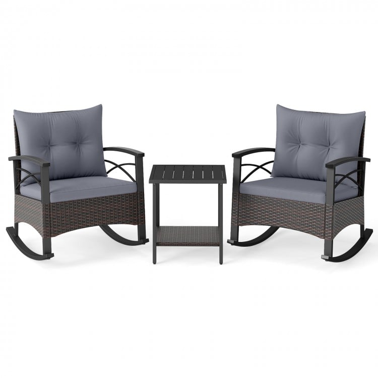 3 Piece Rocking Bistro Set PE Rattan Rocker Chairs with Acacia Wood Top Table-Gray