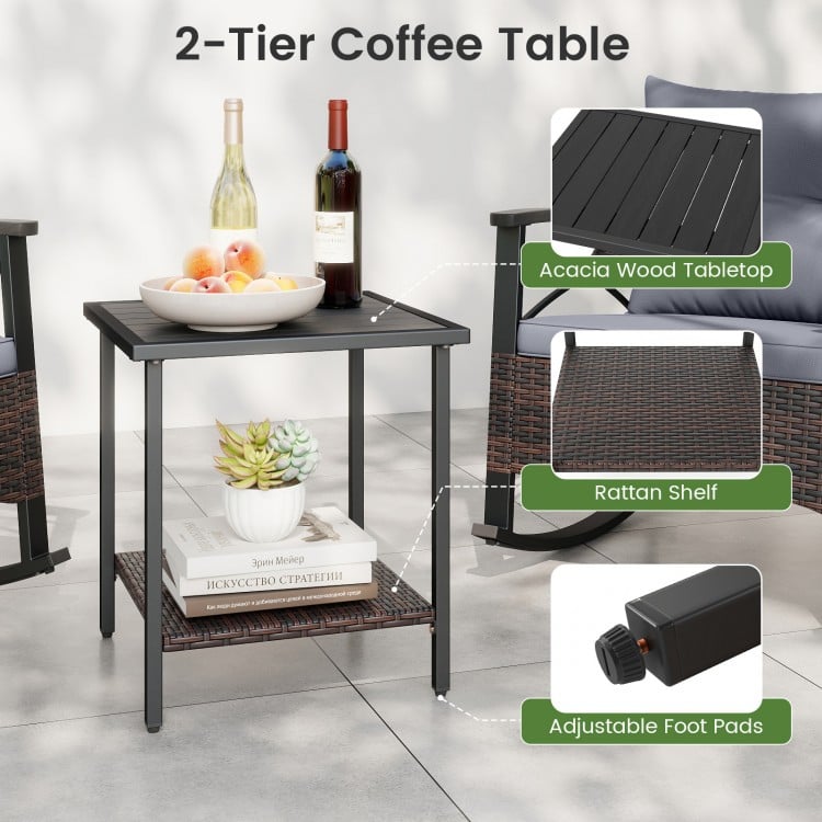 3 Piece Rocking Bistro Set PE Rattan Rocker Chairs with Acacia Wood Top Table-Gray
