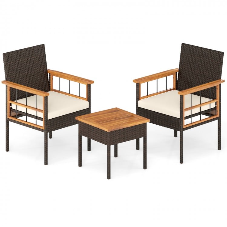 3 Piece Wicker Furniture Set with Acacia Wood Tabletop and Armrest for Balcony-White