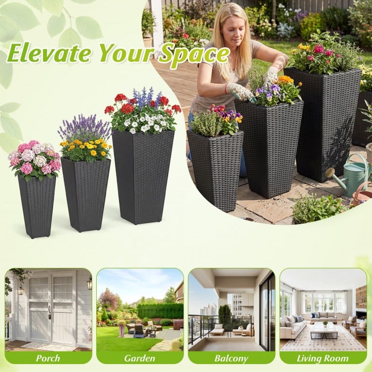 3-Piece Wicker Planters Tapered PP Rattan Plant Boxes with Plastic Flower Pots-Black