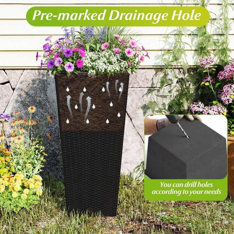 3-Piece Wicker Planters Tapered PP Rattan Plant Boxes with Plastic Flower Pots-Black