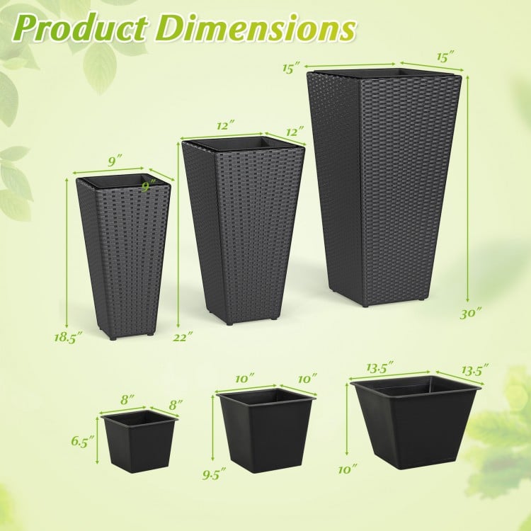 3-Piece Wicker Planters Tapered PP Rattan Plant Boxes with Plastic Flower Pots-Black
