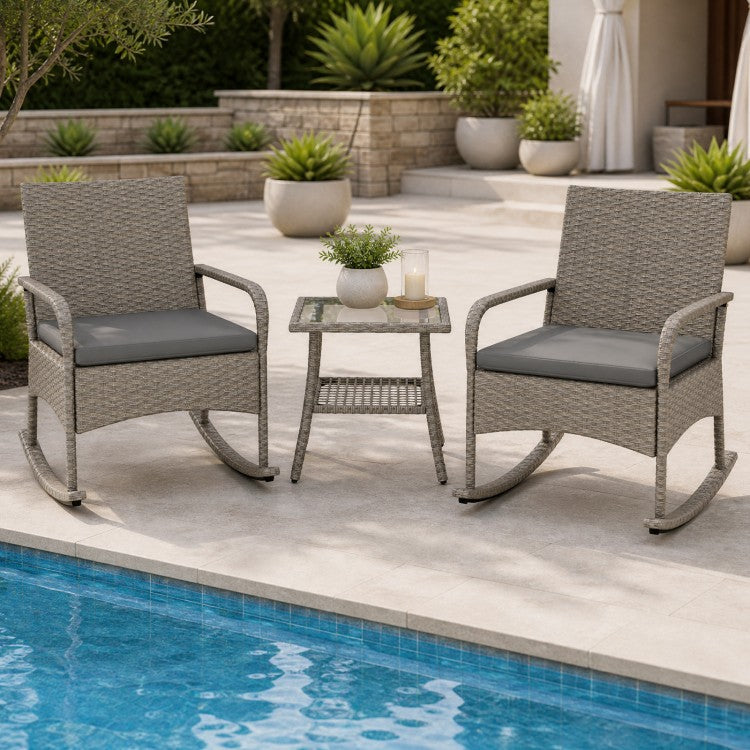 3-Piece Wicker Rocking Bistro Set with Cushions & Glass Coffee Table