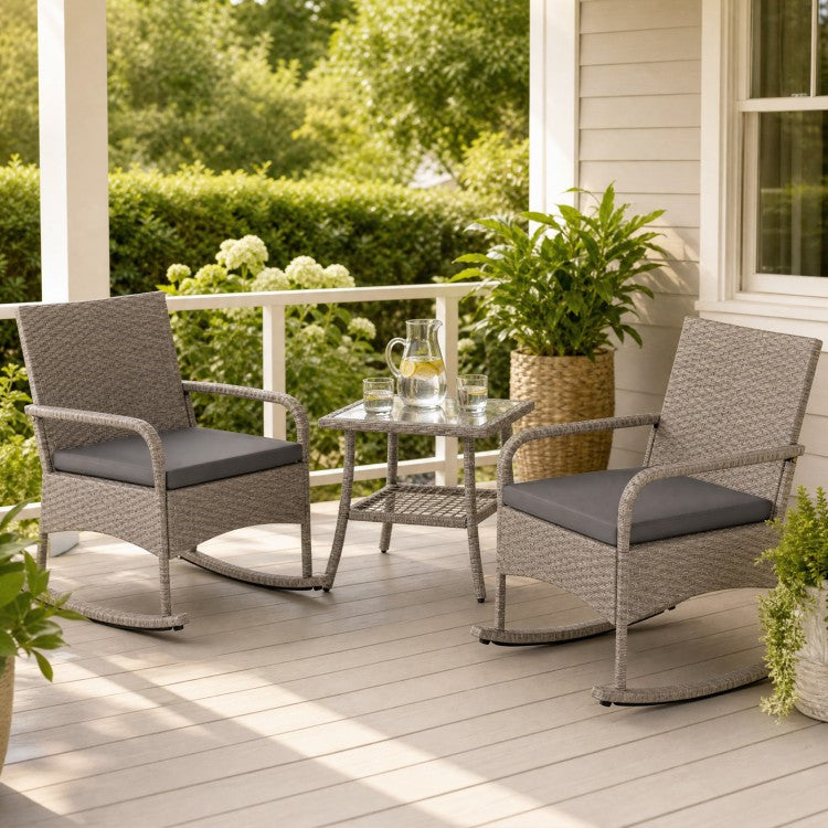 3-Piece Wicker Rocking Bistro Set with Cushions & Glass Coffee Table