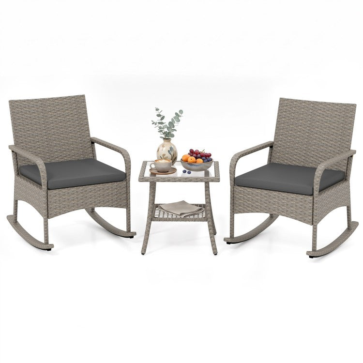 3-Piece Wicker Rocking Bistro Set with Cushions & Glass Coffee Table