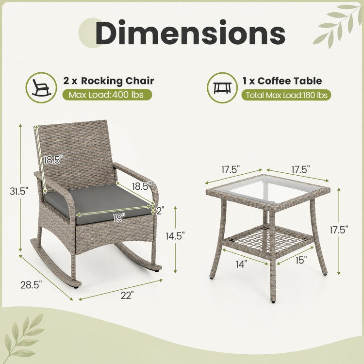 3-Piece Wicker Rocking Bistro Set with Cushions & Glass Coffee Table