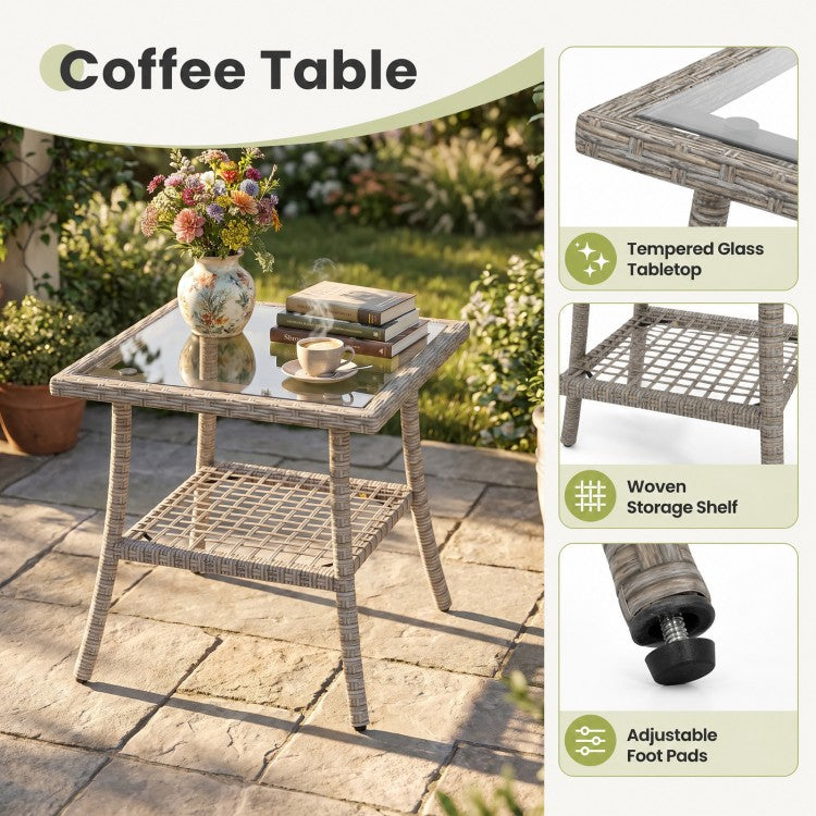 3-Piece Wicker Rocking Bistro Set with Cushions & Glass Coffee Table