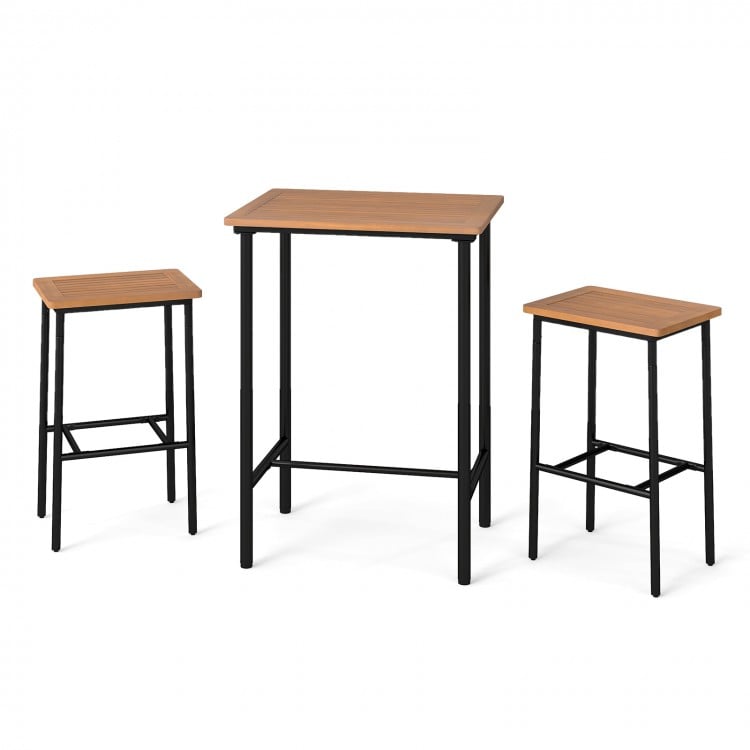 3 Pieces Acacia Wood Patio Bar Set Rectangular Table with Metal Frame