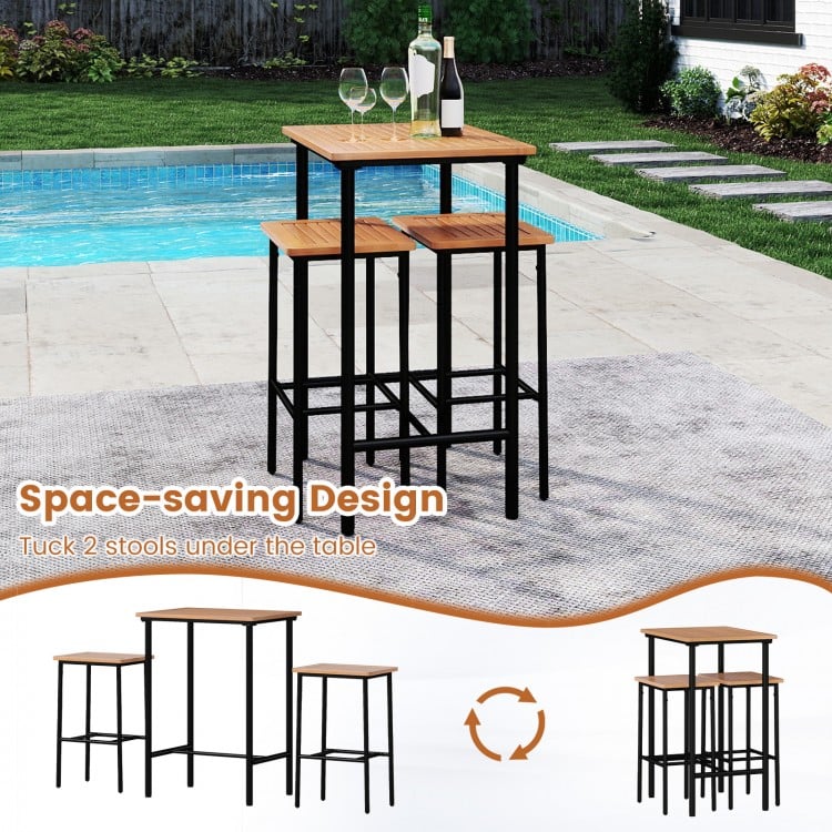 3 Pieces Acacia Wood Patio Bar Set Rectangular Table with Metal Frame