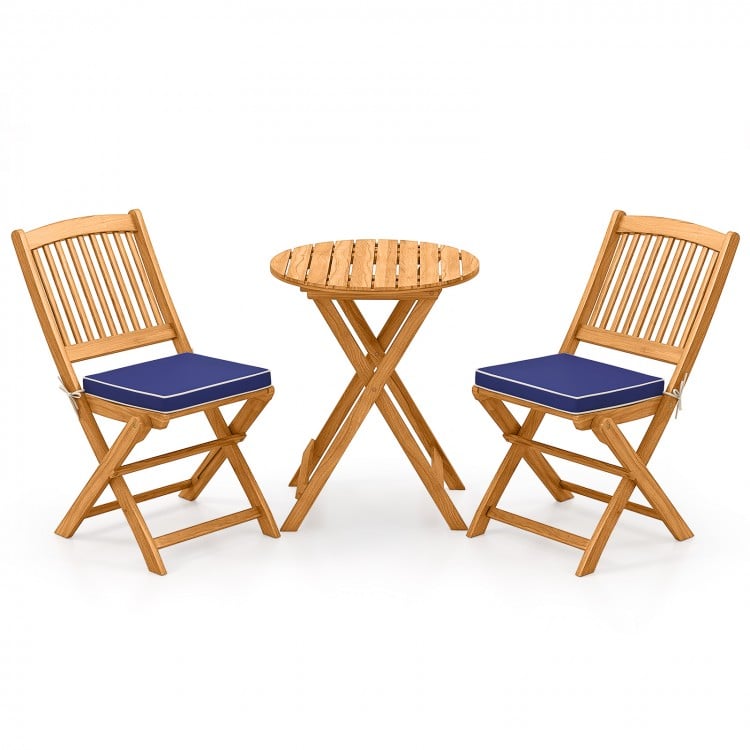 3 Pieces Acacia Wood Patio Folding Bistro Set with Soft Cushions-Navy