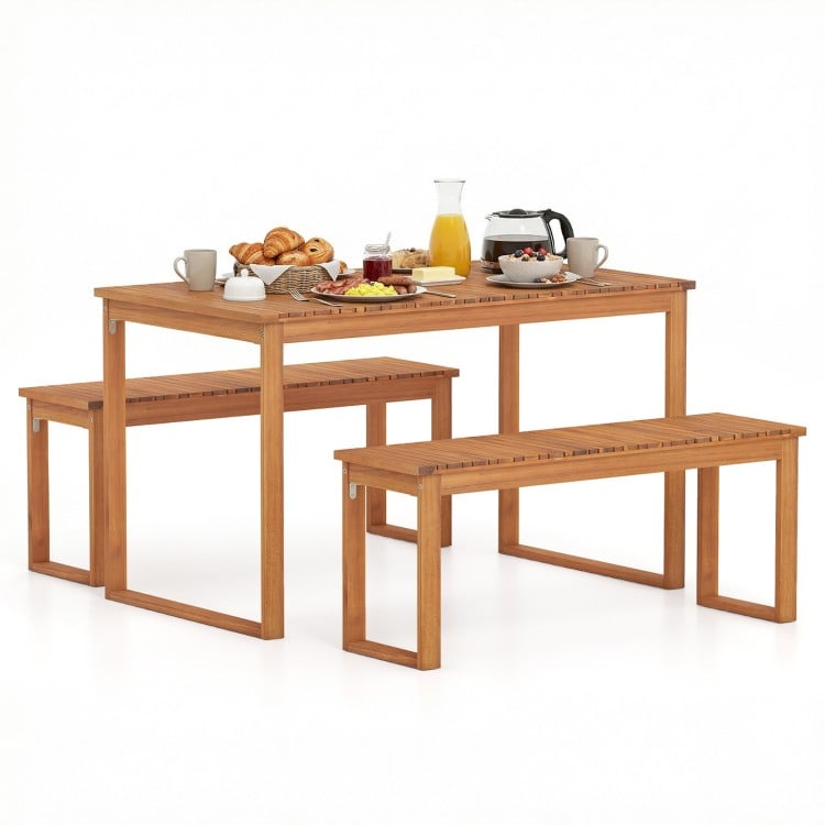 3 Pieces Acacia Wood Picnic Set with Outdoor Dining Table and 2 Benches for 4 People