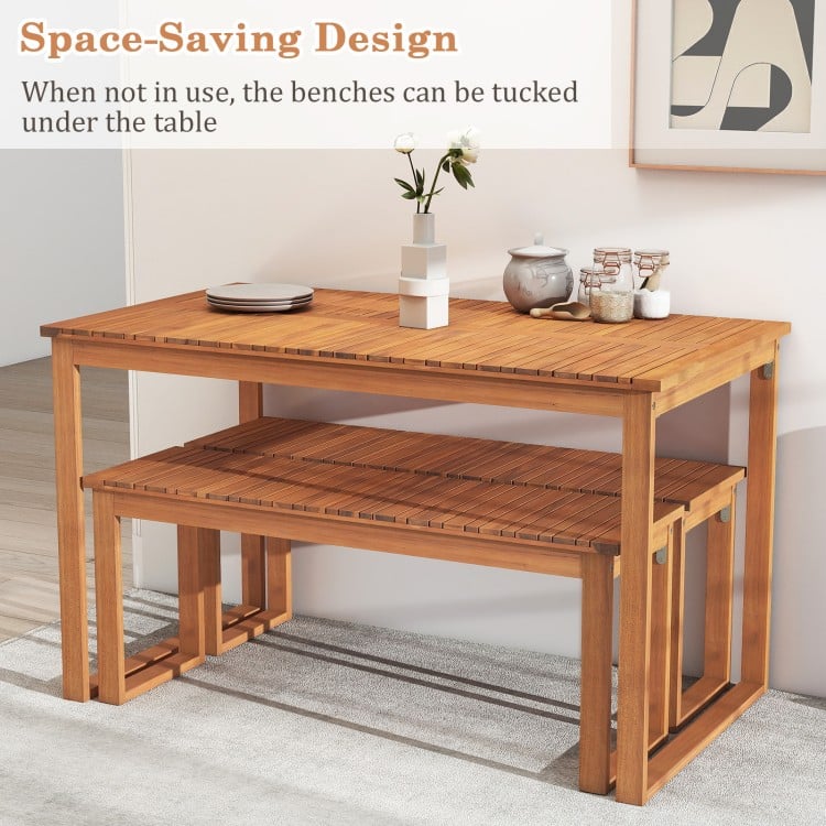 3 Pieces Acacia Wood Picnic Set with Outdoor Dining Table and 2 Benches for 4 People