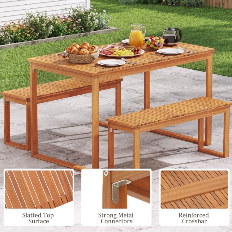 3 Pieces Acacia Wood Picnic Set with Outdoor Dining Table and 2 Benches for 4 People