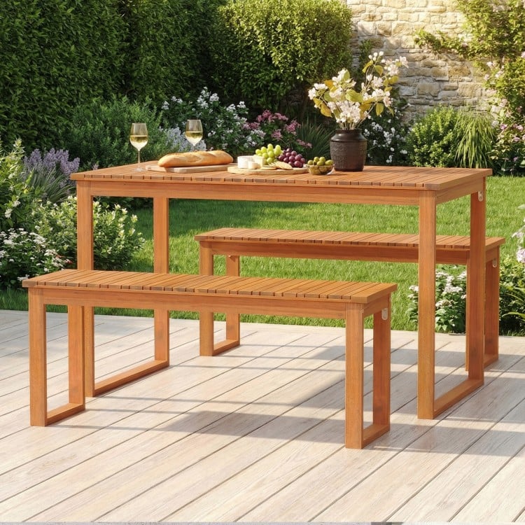 3 Pieces Acacia Wood Picnic Set with Outdoor Dining Table and 2 Benches for 4 People