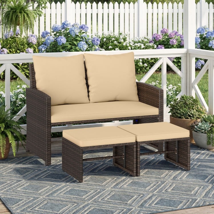 3 Pieces Outdoor Patio PE Wicker Furniture Set with Cushions-Beige