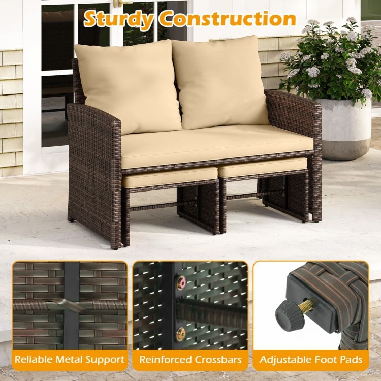 3 Pieces Outdoor Patio PE Wicker Furniture Set with Cushions-Beige
