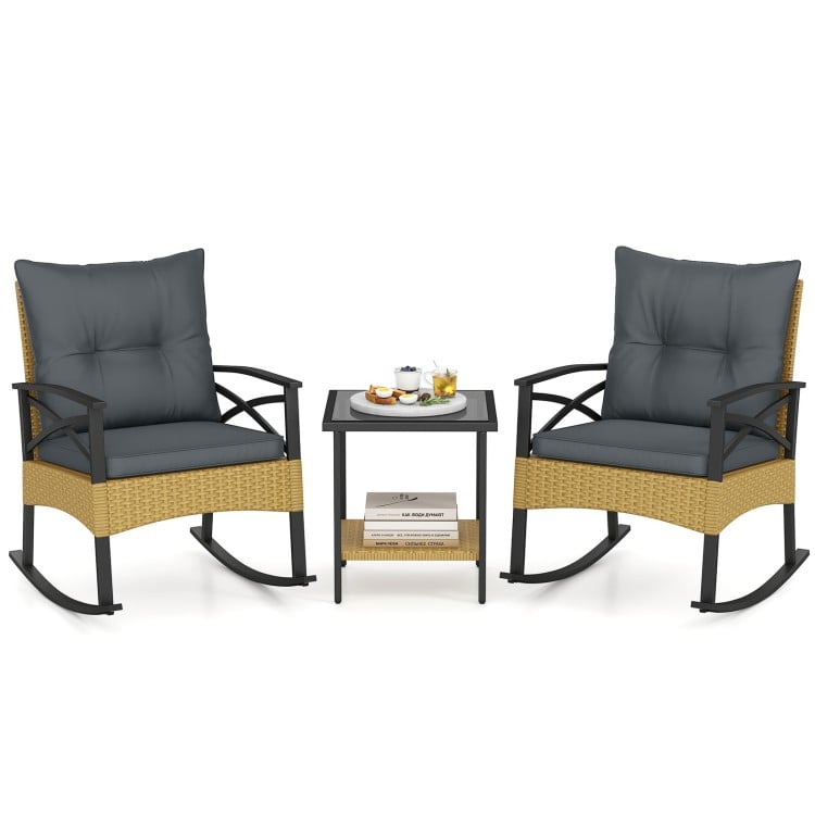 3 Pieces Outdoor Rattan Rocking Chairs Set with  2-Tier Side Table for Garden Backyard-Gray
