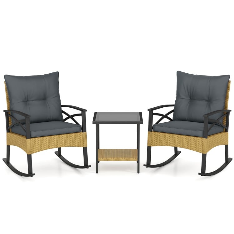 3 Pieces Outdoor Rattan Rocking Chairs Set with  2-Tier Side Table for Garden Backyard-Gray