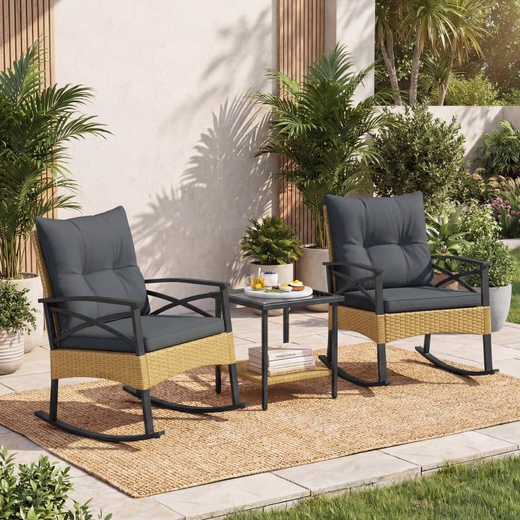 3 Pieces Outdoor Rattan Rocking Chairs Set with  2-Tier Side Table for Garden Backyard-Gray