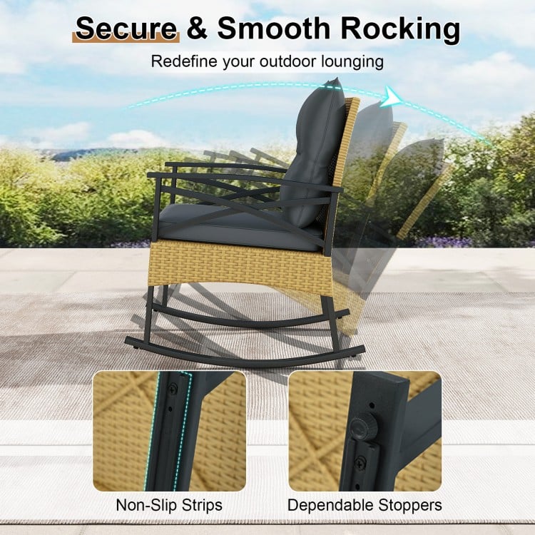 3 Pieces Outdoor Rattan Rocking Chairs Set with  2-Tier Side Table for Garden Backyard-Gray