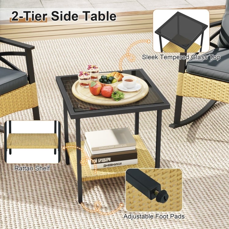 3 Pieces Outdoor Rattan Rocking Chairs Set with  2-Tier Side Table for Garden Backyard-Gray
