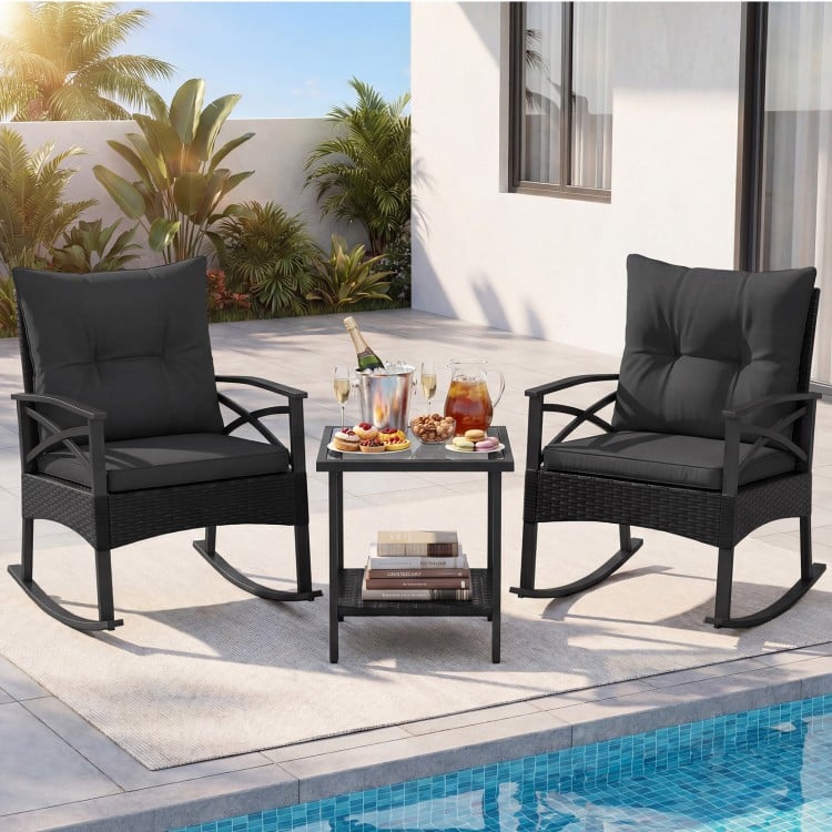 3 Pieces Outdoor Rattan Rocking Chairs Set with  2-Tier Side Table for Garden Backyard-Black