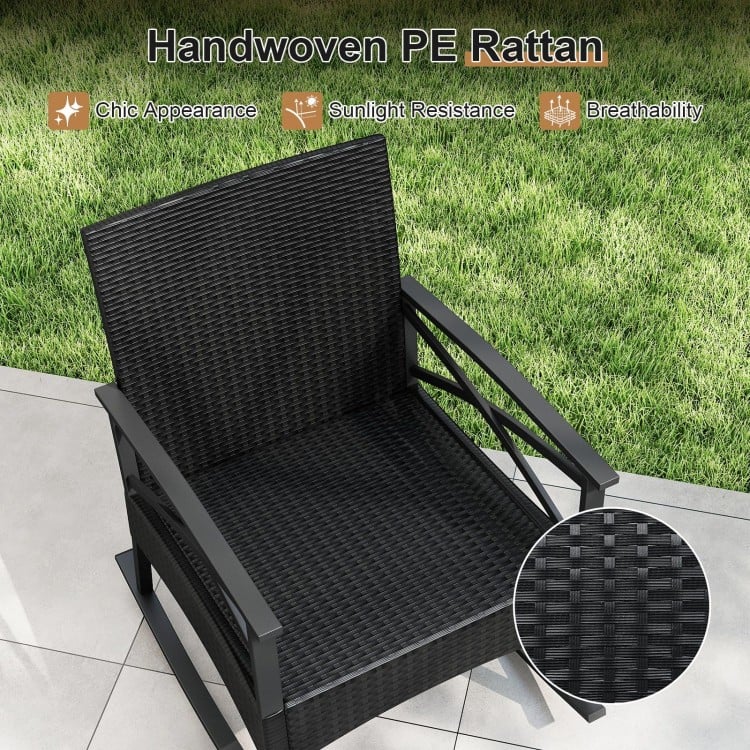 3 Pieces Outdoor Rattan Rocking Chairs Set with  2-Tier Side Table for Garden Backyard-Black