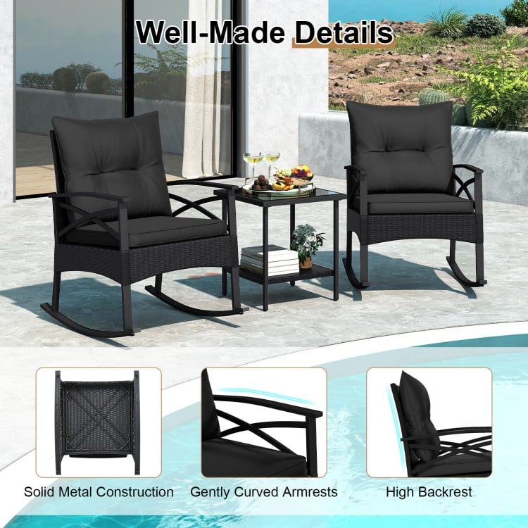 3 Pieces Outdoor Rattan Rocking Chairs Set with  2-Tier Side Table for Garden Backyard-Black