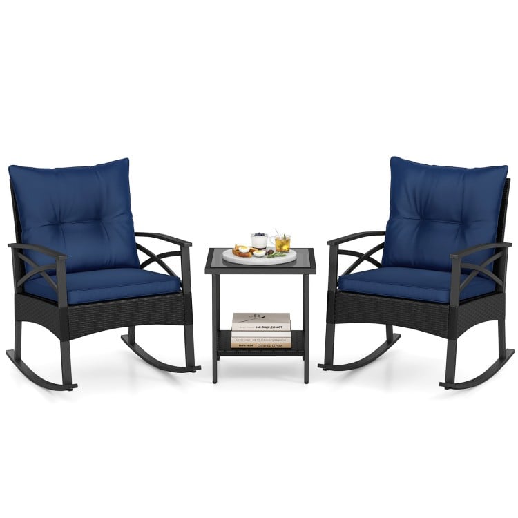 3 Pieces Outdoor Rattan Rocking Chairs Set with  2-Tier Side Table for Garden Backyard-Navy
