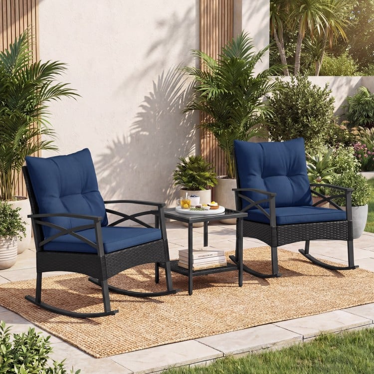 3 Pieces Outdoor Rattan Rocking Chairs Set with  2-Tier Side Table for Garden Backyard-Navy