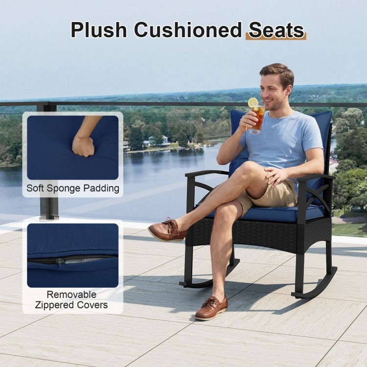3 Pieces Outdoor Rattan Rocking Chairs Set with  2-Tier Side Table for Garden Backyard-Navy