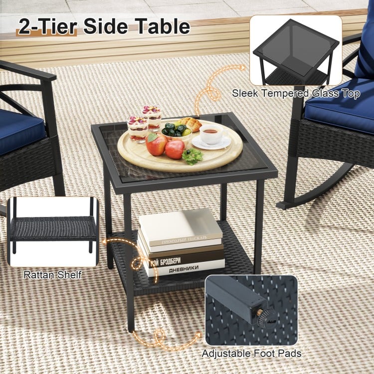 3 Pieces Outdoor Rattan Rocking Chairs Set with  2-Tier Side Table for Garden Backyard-Navy