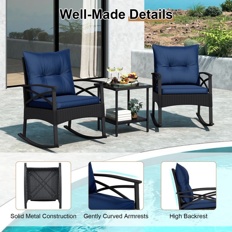 3 Pieces Outdoor Rattan Rocking Chairs Set with  2-Tier Side Table for Garden Backyard-Navy