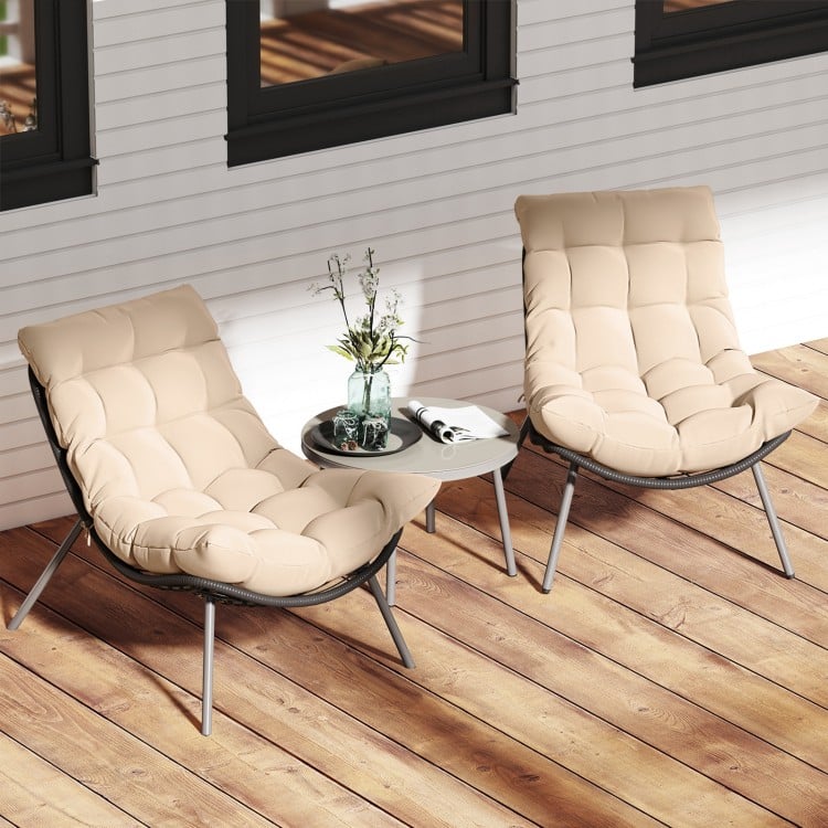 3 Pieces PE Rattan Conversation Set with Cushioned Papasan Chairs-Beige