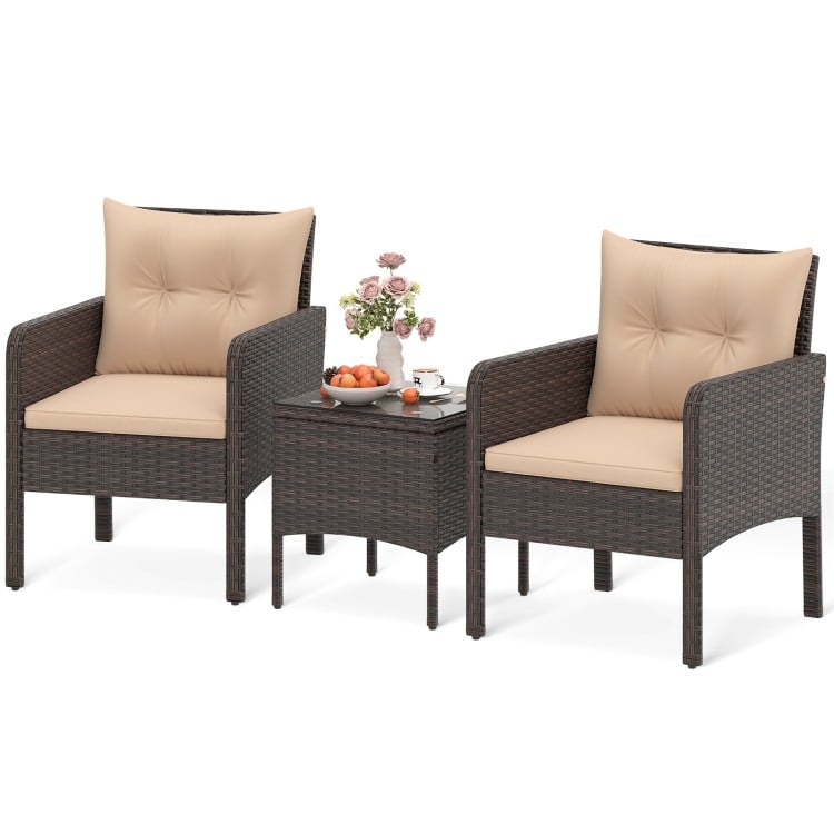 3 Pieces Patio PE Wicker Furniture Set with Cushions  for Porch and Balcony-Beige