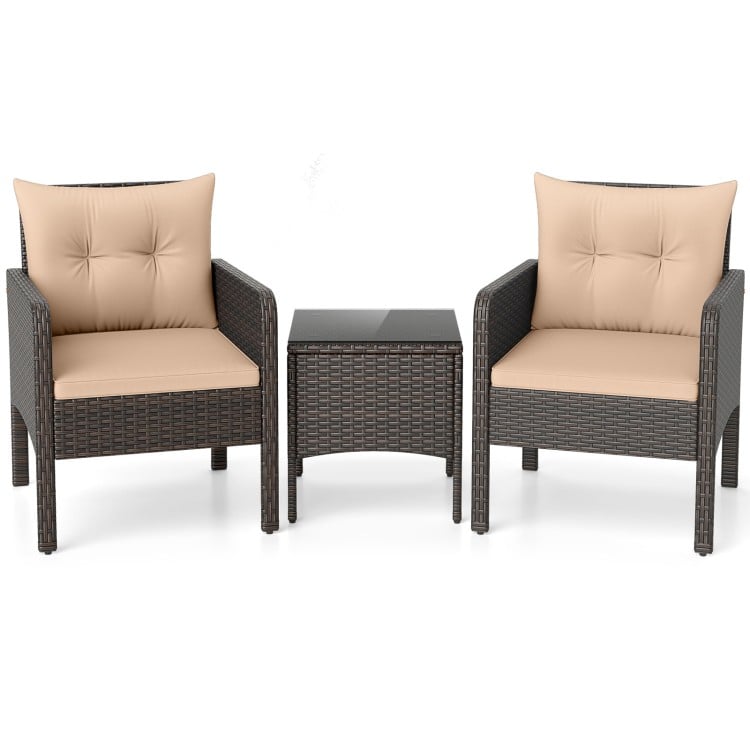 3 Pieces Patio PE Wicker Furniture Set with Cushions  for Porch and Balcony-Beige