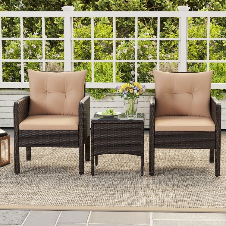 3 Pieces Patio PE Wicker Furniture Set with Cushions  for Porch and Balcony-Beige