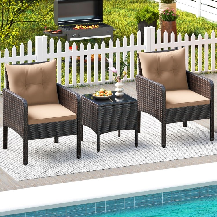 3 Pieces Patio PE Wicker Furniture Set with Cushions  for Porch and Balcony-Beige