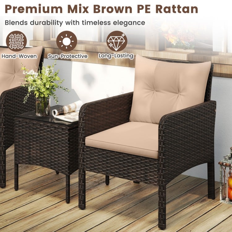 3 Pieces Patio PE Wicker Furniture Set with Cushions  for Porch and Balcony-Beige