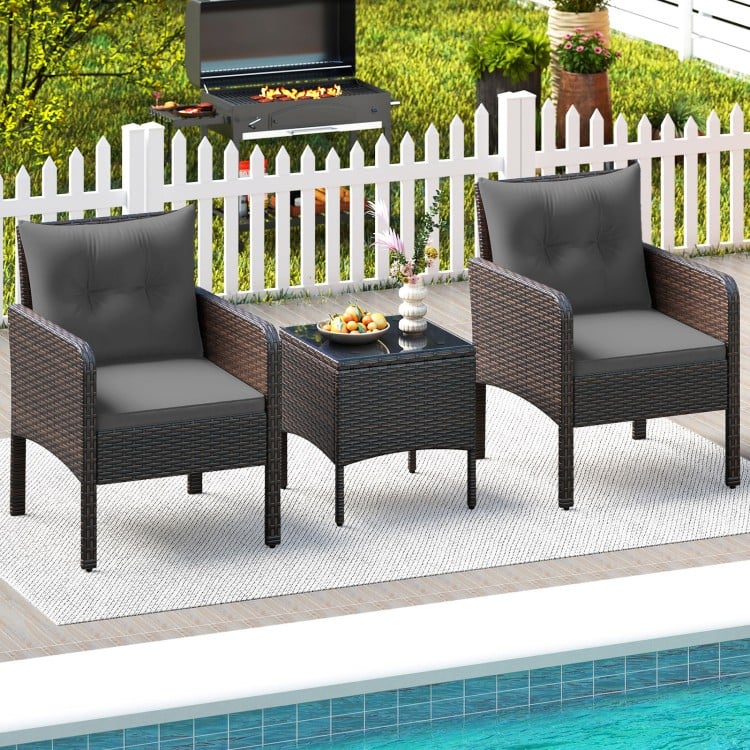 3 Pieces Patio PE Wicker Furniture Set with Cushions  for Porch and Balcony-Gray
