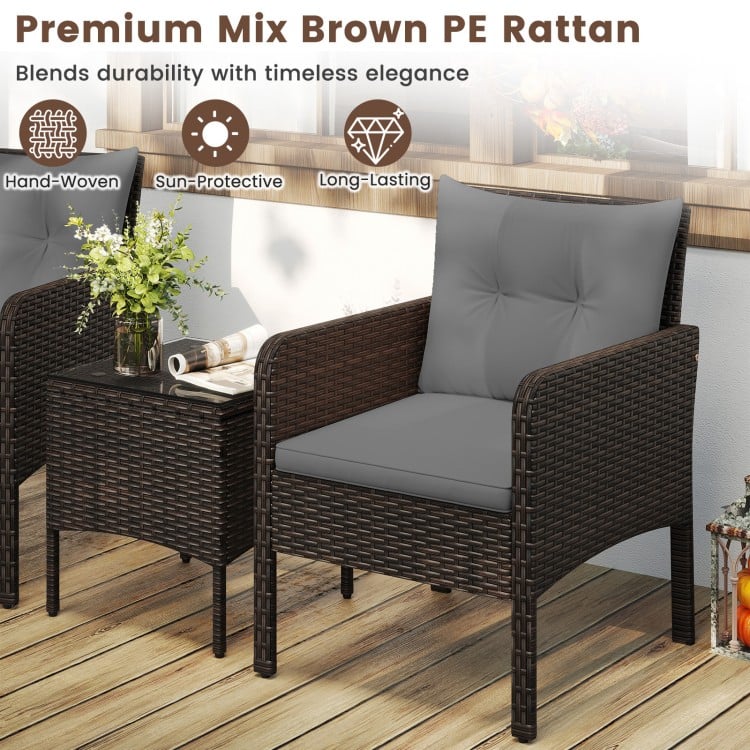 3 Pieces Patio PE Wicker Furniture Set with Cushions  for Porch and Balcony-Gray