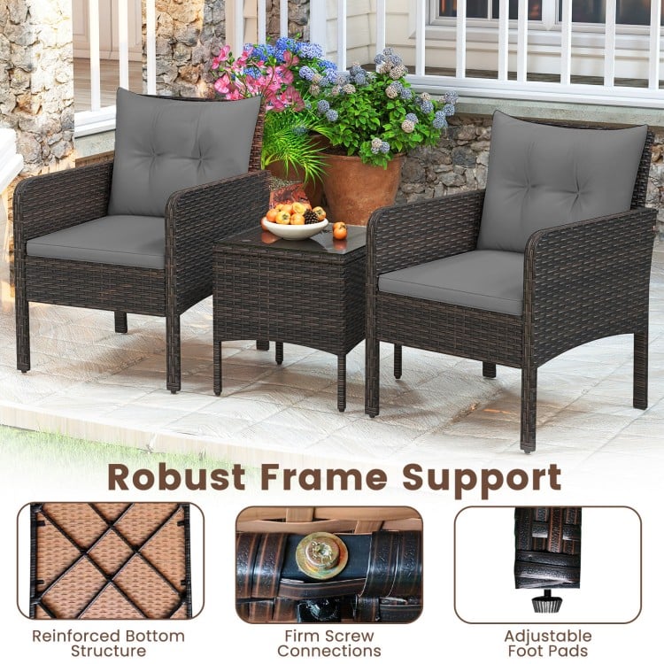 3 Pieces Patio PE Wicker Furniture Set with Cushions  for Porch and Balcony-Gray