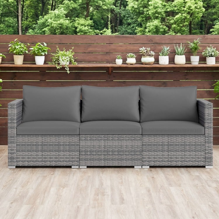 3 Pieces Patio Sectional Sofa Set PE Rattan Modular Couch Furniture Set with Soft Cushions-Gray