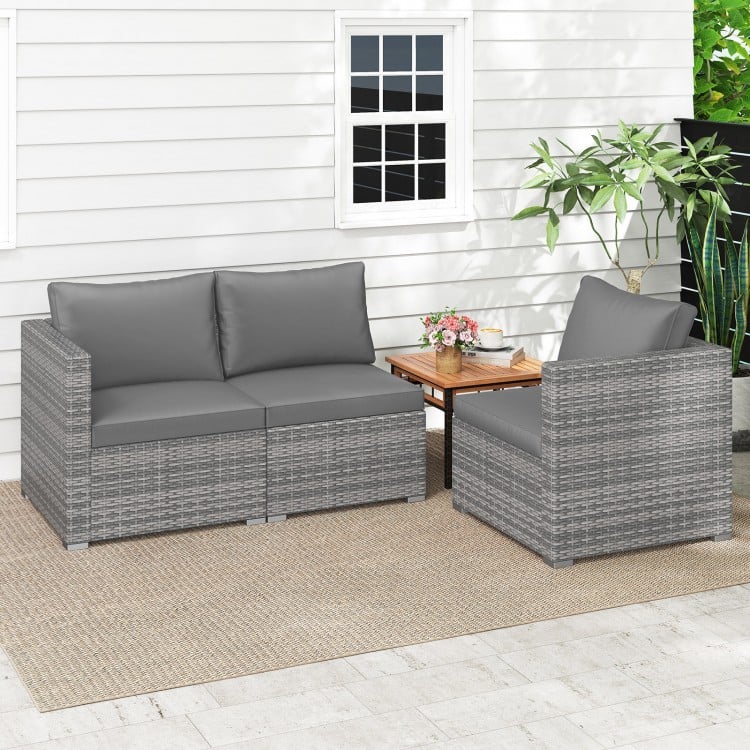 3 Pieces Patio Sectional Sofa Set PE Rattan Modular Couch Furniture Set with Soft Cushions-Gray